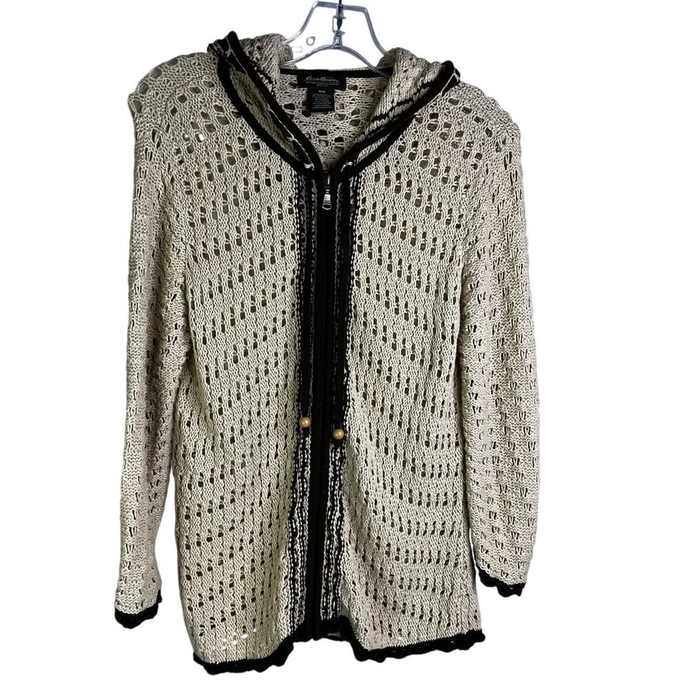 Eddie Bauer Sweater Cardigan Womens M Tan Black‎ Hoodie Beaded Cord Boho Granny